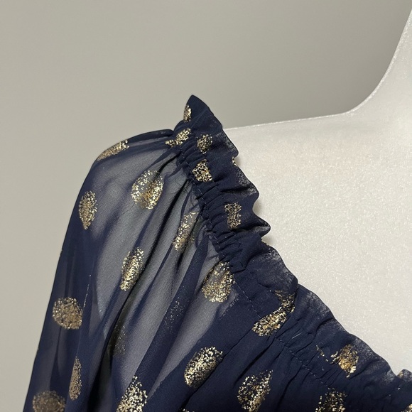 Joseph Ribkoff Midnight Blue Gold Dot Ruffle Collar Long Sleeve Top Style 181608 - Picture 6 of 10